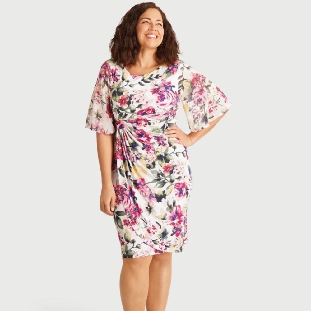 Connected Apparel Floral Dress Women 20W New Side Drape Flutter Sleeve MSRP